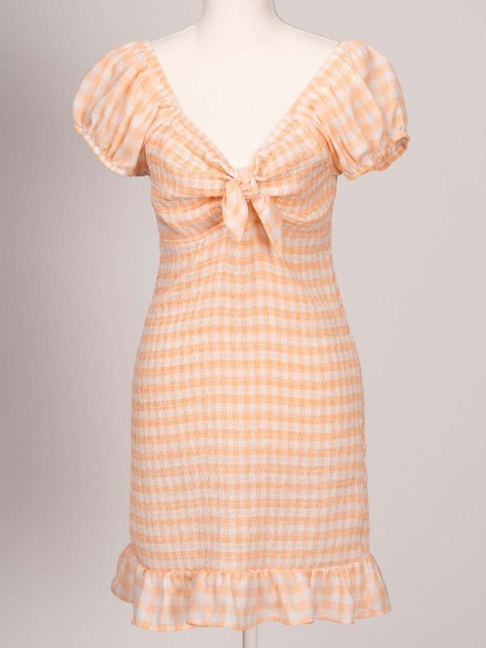 Madden NYC Smocked Mini Dress Orange Gingham Size 1X Cottagecore Stretchy Summer
